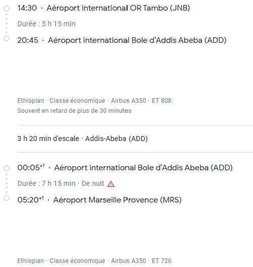 VOS VOLS* ETHIOPIAN de MARSEILLE - Vol retour