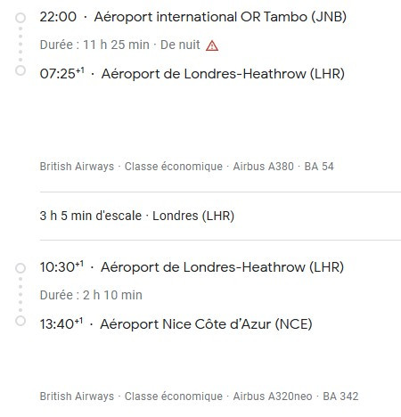 VOS VOLS* BRITISH AIRWAYS de NICE - Vol retour
