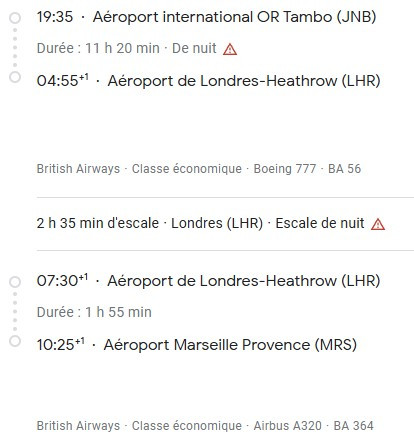 VOS VOLS* BRITISH AIRWAYS de MARSEILLE - Vol retour