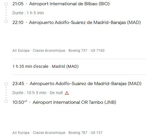 VOS VOLS* AIR EUROPA de BILBAO - Vol aller