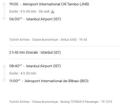 VOS VOLS* TURKISH AIRLINES de BILBAO - Vol retour