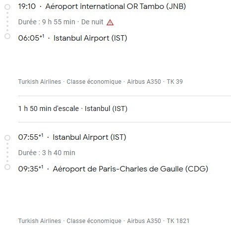 VOS VOLS* TURKISH AIRLINES de PARIS - Vol retour