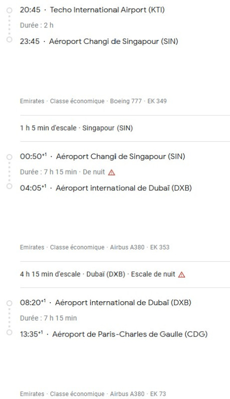 VOS VOLS* EMIRATES de PARIS - Vol retour