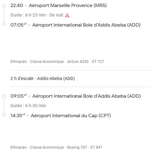 VOS VOLS* ETHIOPIAN de MARSEILLE - Vol aller