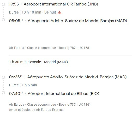 VOS VOLS* AIR EUROPA de BILBAO - Vol retour