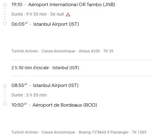 VOS VOLS* TURKISH AIRLINES de TOULOUSE - Vol retour