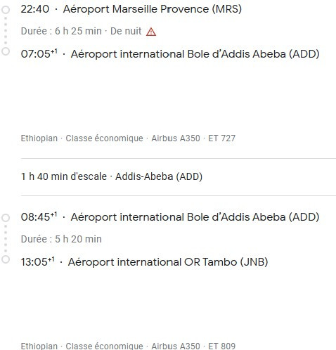 VOS VOLS* ETHIOPIAN de MARSEILLE - Vol aller