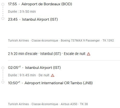 VOS VOLS* TURKISH AIRLINES de BORDEAUX - Vol aller