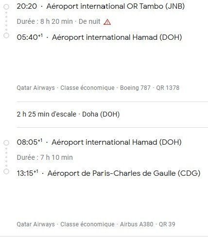 VOS VOLS* QATAR AIRWAYS de PARIS - Vol retour